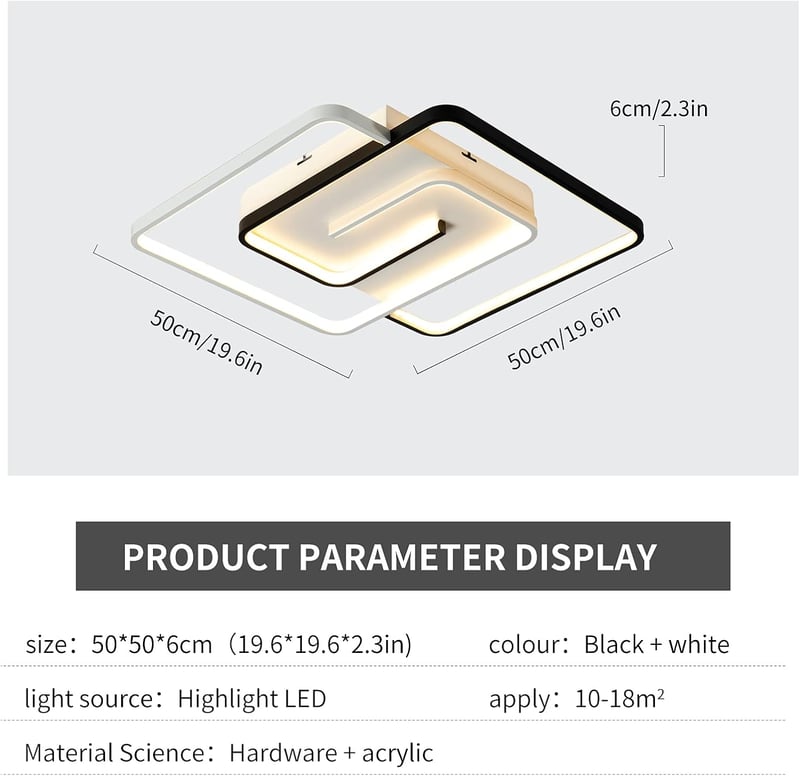 minifair Modern LED Mennyezeti Lámpa 36W 50cm - Távirányítós Négyzet Alakú Fekete-Fehér Fényerőszabályozható Lámpatest Nappaliba Hálószobába
