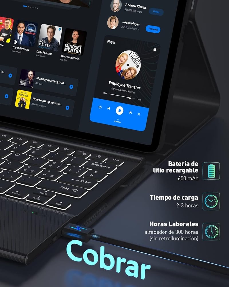 Doohoeek Bluetooth Billentyűzet Tok Samsung Galaxy Tab S8+ 12.4''/S7 FE 2021/S7+ 2020 Tablethez, 7 Színű Háttérvilágítással, Fekete - S8 Plus