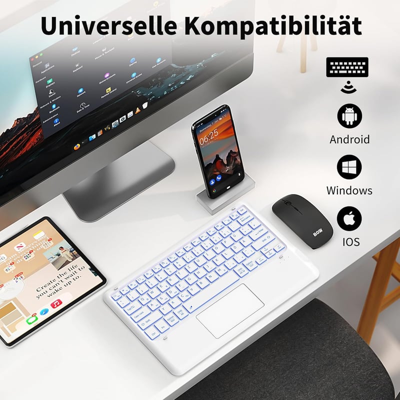 EasyAcc Ultrakönnyű Bluetooth Billentyűzet Touchpaddal, 7 Színű Háttérvilágítással, USB-C, Fehér