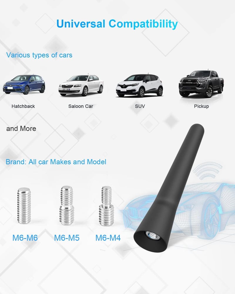 YIEHO Univerzális Rövid Autóantenna - 6,5 cm Mini Tetőantenna Kiváló FM/DAB Vétel, 3 Adapterrel, Minden Autótípushoz Kompatibilis