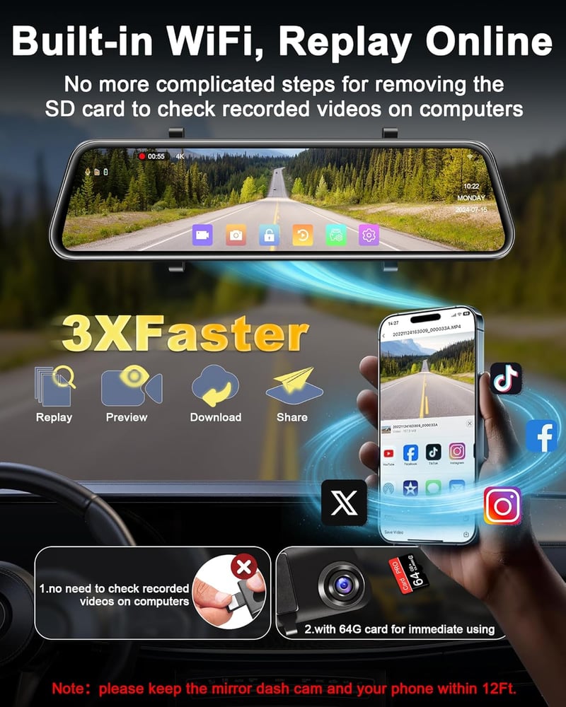 Vtopek 4K Autós Menetrögzítő 12" IPS Érintőképernyővel - Tükör Dashcam WiFi, 64GB, 1080P Tolatókamera, Éjjellátó, G-szenzor