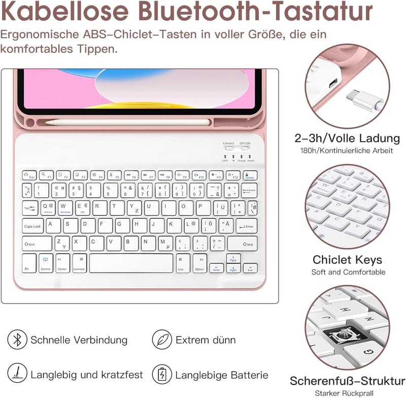iPad 10. generációs rózsaszín tok levehető német billentyűzettel és ceruzatartóval, 10.9" (2022)