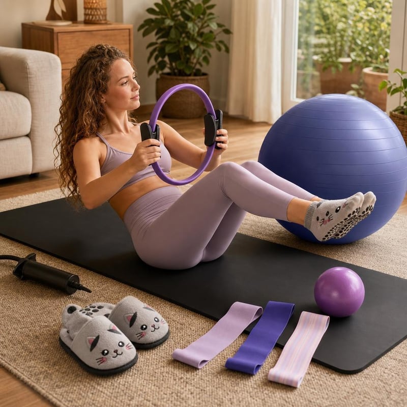Nappali pilates oázis: L-es fitball + csúszásmentes tornaszőnyeg + pilates karika + 2 pár macskás zokni