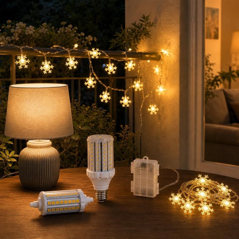 Večernja čarolija: R7s LED cijev + 6m svjetlosni niz + E27 LED žarulja + stolna lampa
