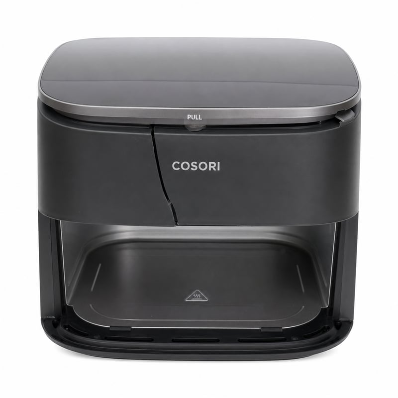 Teplovzdušná fritéza Cosori TurboBlaze XXL 6l, 9 v 1, DC – chybná, čiastočne funkčná: predná časť na dvoch miestach prasknutá, z úložného priestoru odlomený kúsok