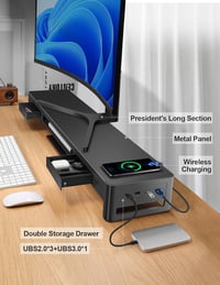 Meatanty 3 az 1-ben Dupla Monitor Állvány 2 Fiókkal, Vezeték Nélküli Töltővel és 4 USB Porttal - Fém Számítógép Tartó Adatátvitelhez 4