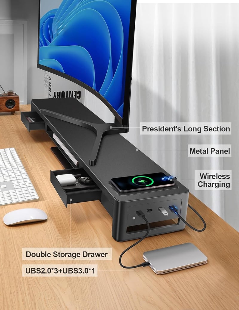 Meatanty 3 az 1-ben Dupla Monitor Állvány 2 Fiókkal, Vezeték Nélküli Töltővel és 4 USB Porttal - Fém Számítógép Tartó Adatátvitelhez