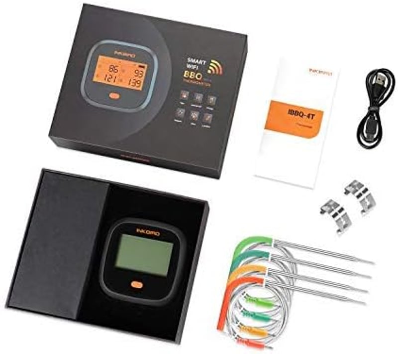 Inkbird IBBQ-4T WiFi Grillhőmérő 4 Szondával - Vízálló, USB Tölthető, Mágneses Húshőmérő Dupla Riasztással, Telefonos Applikációval