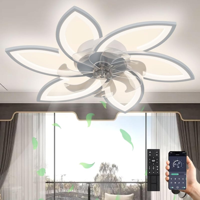 Revneey LED Mennyezeti Ventilátor Lámpával - 66W Szabályozható Fényerő, 3000-6000K, 6 Fejes Virág Dizájn, Csendes, Fehér, 78x15cm, Nappali é