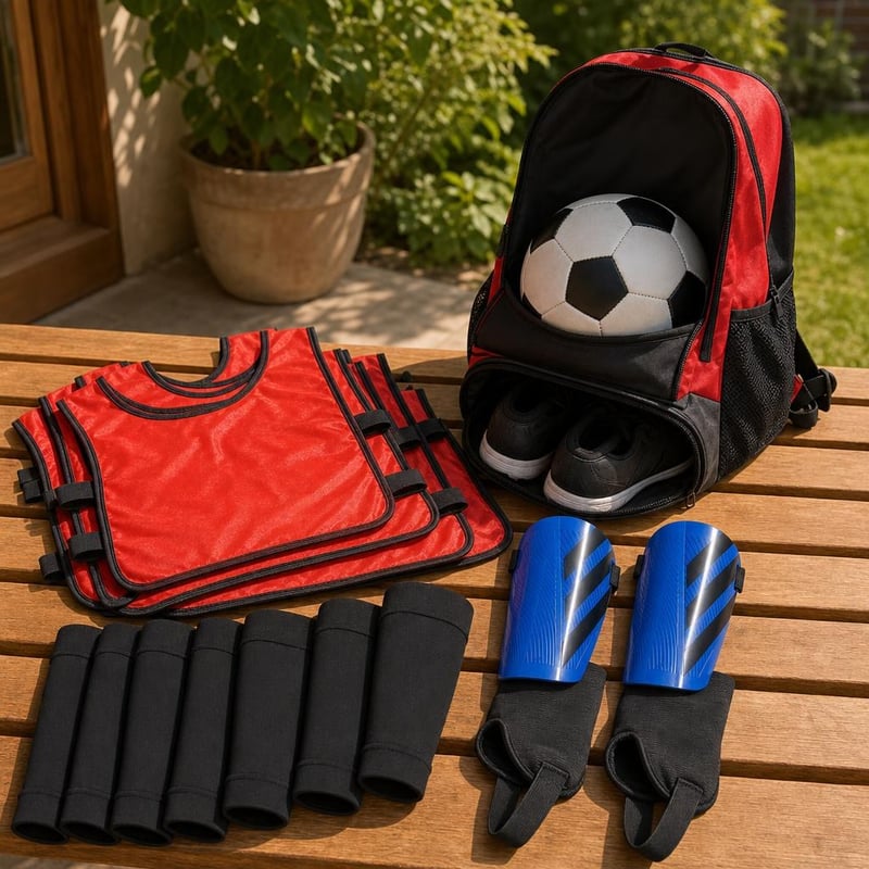 Futbalový set: 6x ponožky + chrániče + 6x dres + batoh