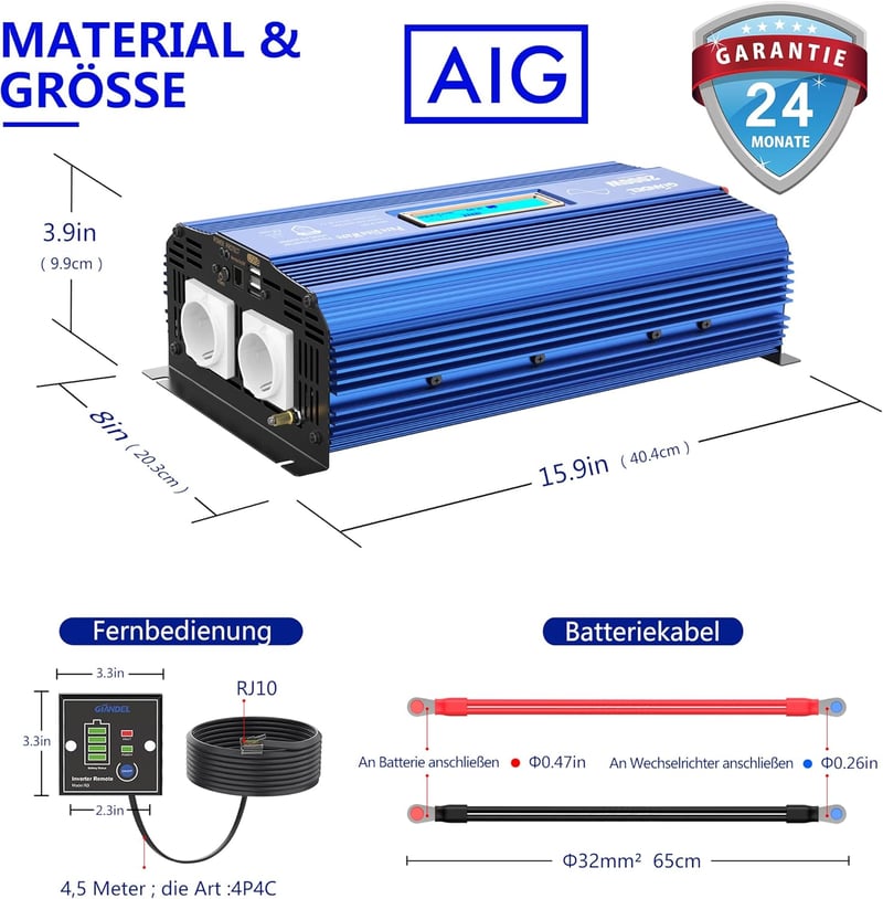 GIANDEL 2000W Színuszos Inverter 12V-230V - Feszültségátalakító Dupla USB Porttal, LCD Kijelzővel és Távirányítóval Lakóautókhoz