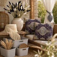 Set decor Boho: 2 huse pernă + 2 prinderi macrame + 10m franjuri + 3 coșuri ratan + 120 pampas + vază 1