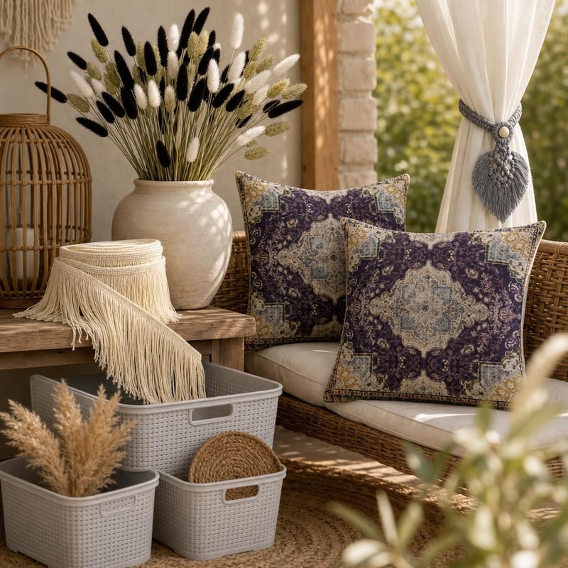 Set decor Boho: 2 huse pernă + 2 prinderi macrame + 10m franjuri + 3 coșuri ratan + 120 pampas + vază