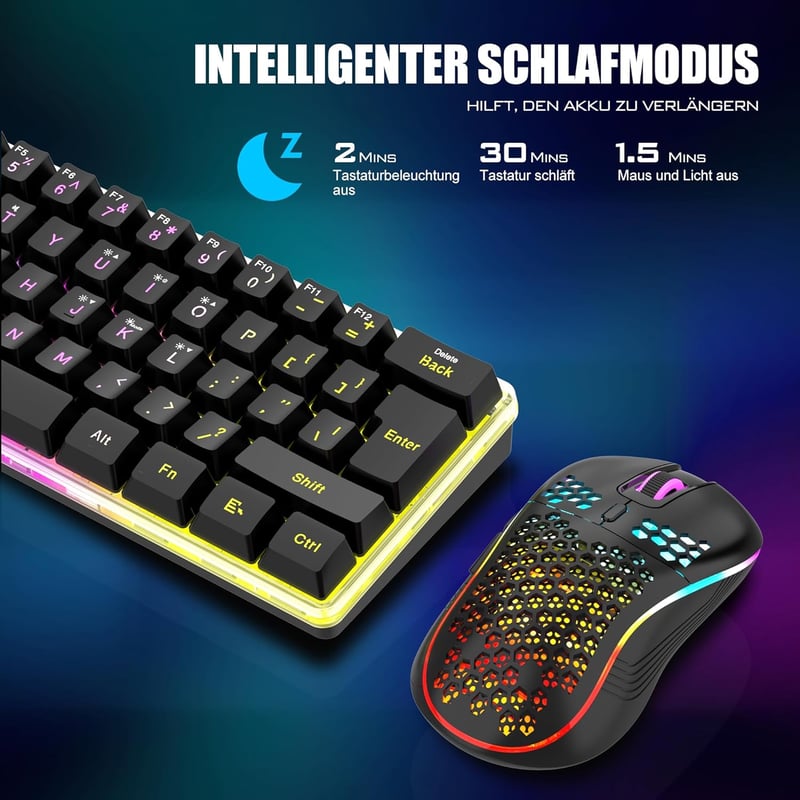 RedThunder K62 60% Vezeték Nélküli Gamer Billentyűzet és Egér Szett, QWERTZ DE Kiosztás, Újratölthető, Méhsejt Kialakítású Ultrakönnyű Egérr - Black