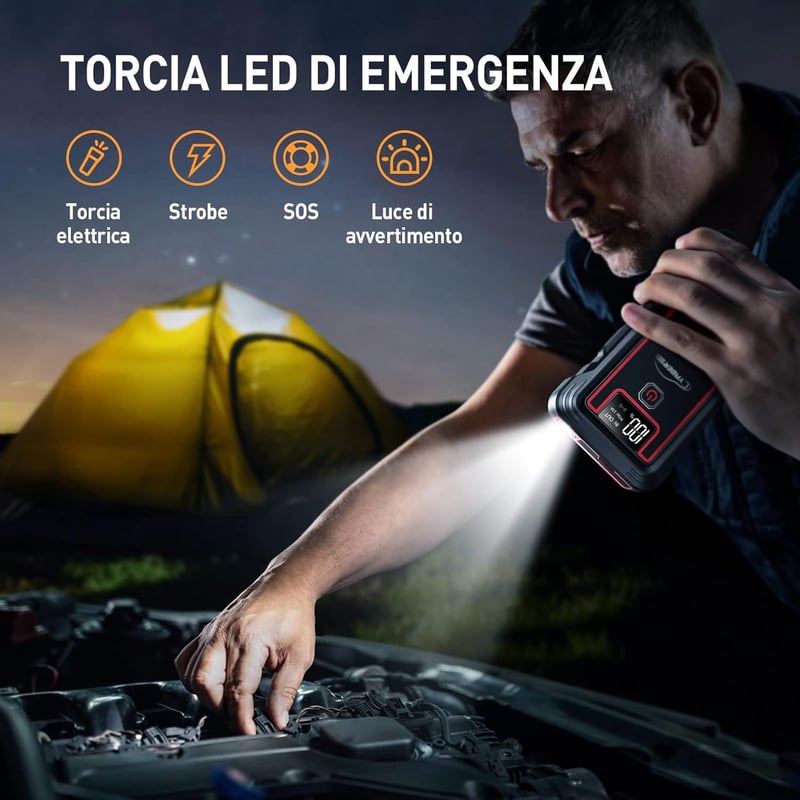 YABER 2500A 23800mAh Autós Bikázó Akkumulátor Indító - Vízálló, 8.0L Benzin/Dízel Járművekhez, LED Lámpa, Type-C, EC-5, Vezeték Nélküli Tölt