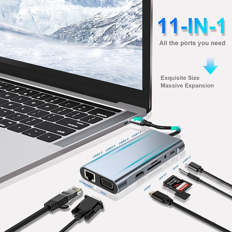 11 az 1-ben USB-C Hub MacBookhoz: 4K HDMI, VGA, Ethernet, Kártyaolvasó