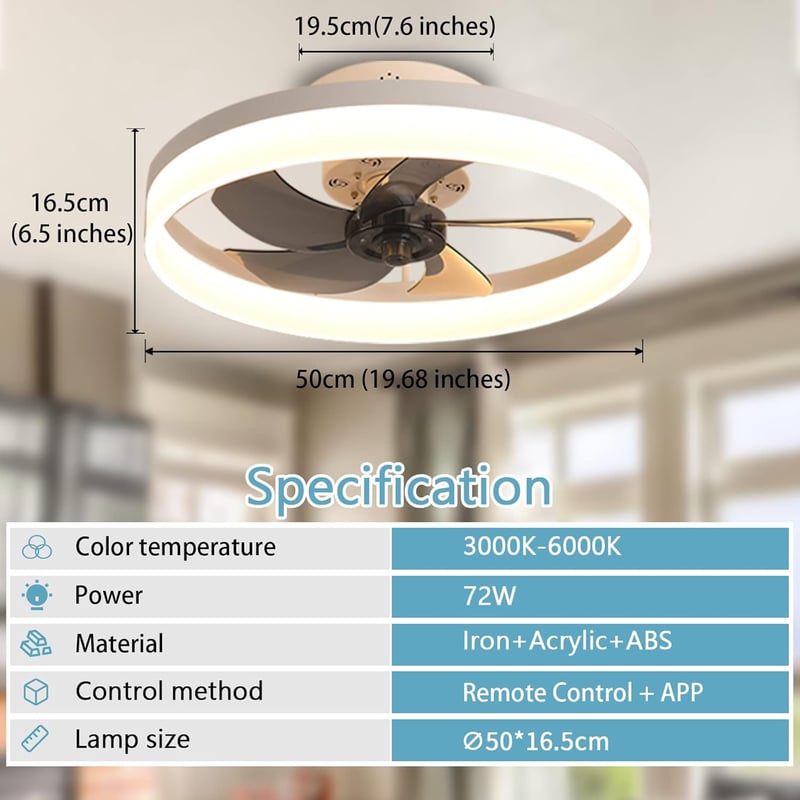EIDISUNY Modern Mennyezeti Ventilátor LED Világítással - 19" Lapos Dizájn, 72W, Távirányítóval, 3 Színhőmérséklet, Nappali és Hálószoba Vent