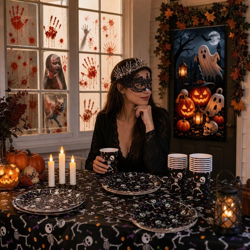 Set Complet Halloween: 8 autocolante + decor ușă + set masă 97 piese + 6 lumânări LED