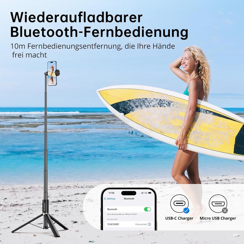 SYNCWIRE 140 cm Alumínium Szelfibot és Állvány Távirányítóval - 360° Forgatható Tripod iPhone 16/15/14/13 és Más Okostelefonokhoz - Fekete