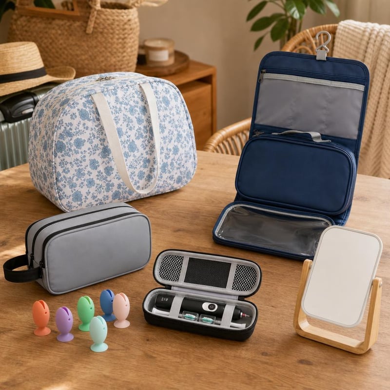 Putni kozmetički set: torba + neseser s 3 pretinca + etui za četkicu + viseći neseser + ogledalo 5x