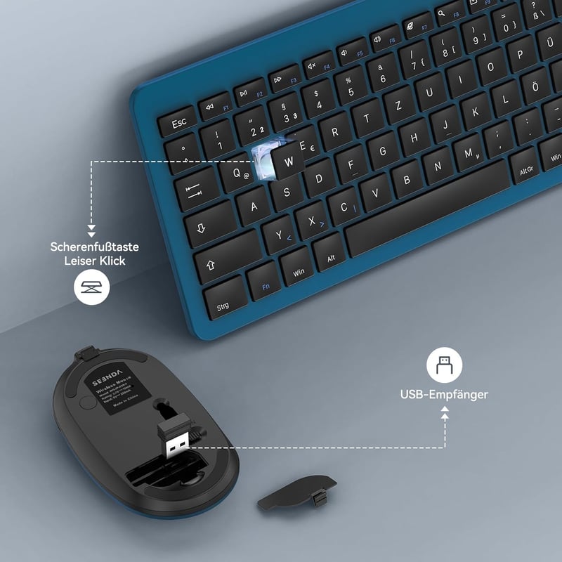 seenda SK38-3 Vezeték Nélküli Billentyűzet-Egér Szett, Ultravékony Tölthető, Ergonomikus, Szilikon Porvédővel, PC/Laptop/TV, QWERTZ, Fekete-