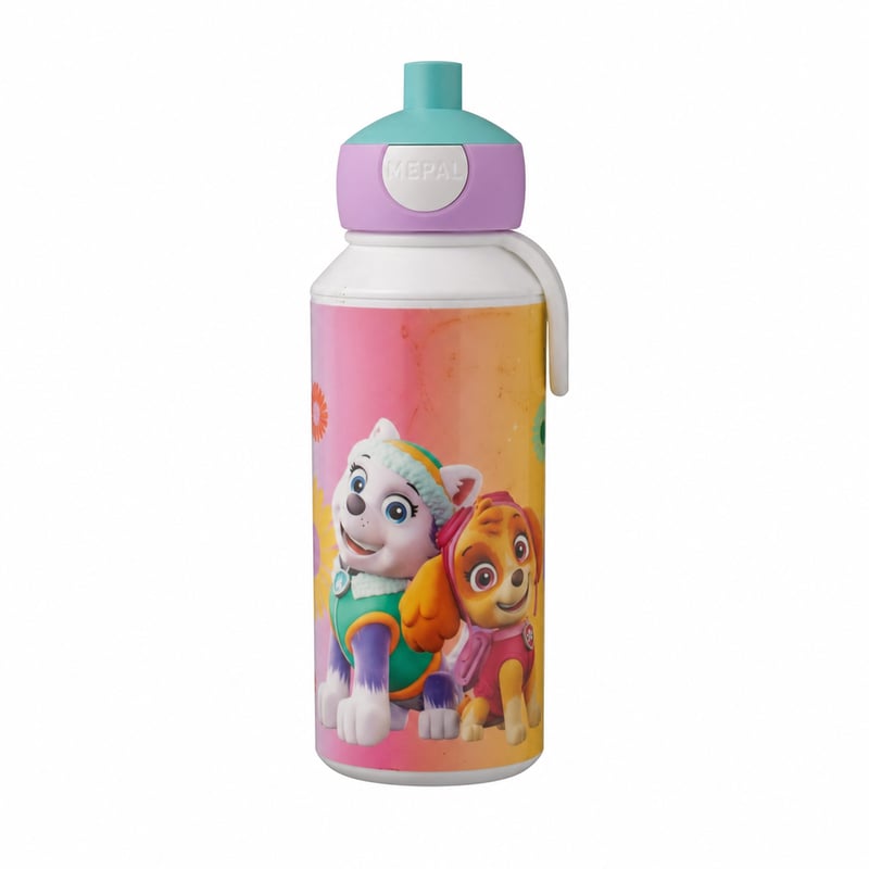 Detská fľaša Mepal Pop-up Campus 400 ml – Tlapková patrola (Paw Patrol) Girls – motív Everest a Skye – bez BPA – použitá (stav: pozri 2. obrázok)