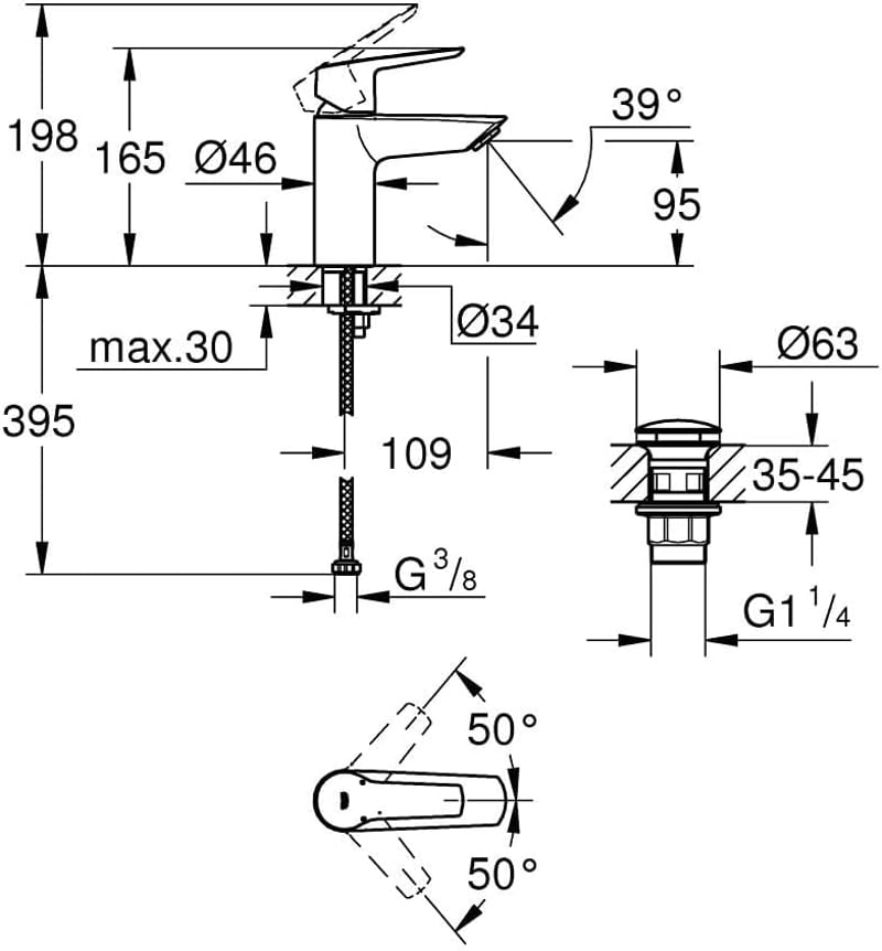 GROHE Quickfix Start Egykaros Mosdócsap S Méret | Króm Fürdőszobai Csaptelep Szerelőeszközzel | Víztakarékos Rendszer | Fém Fogantyú