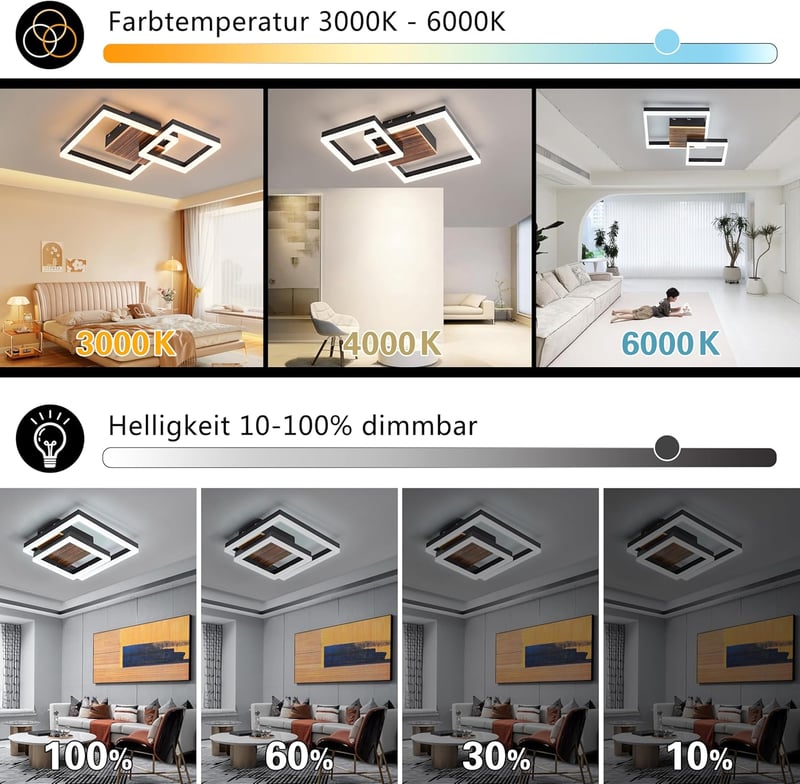 SEATAIN Fa Mennyezeti LED Lámpa - Fekete Geometrikus Dizájn, 40 cm, Távirányítós, Fényerő Szabályozás, 3000-6000K Színhőmérséklet, Éjszakai 
