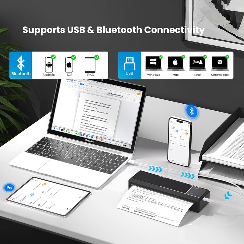 vretti P83 Bluetooth Mobil Hőnyomtató A4 - Hordozható Fekete Nyomtató Android és iOS Kompatibilitással, Irodai, Otthoni és Utazási Használat