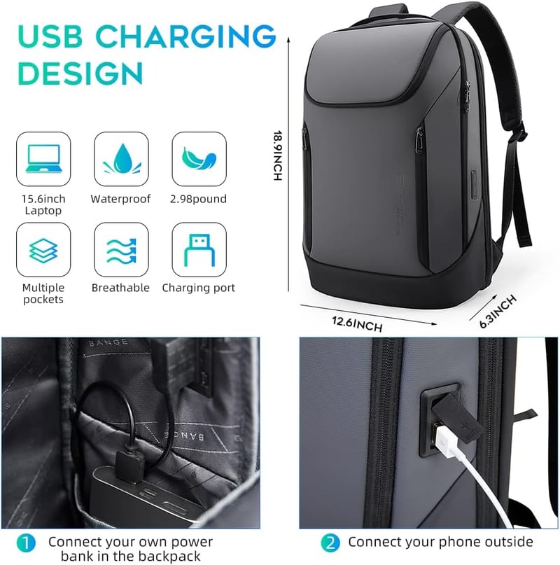 Bange üzleti hátizsák 15,6" laptophoz, USB-töltővel, vízálló