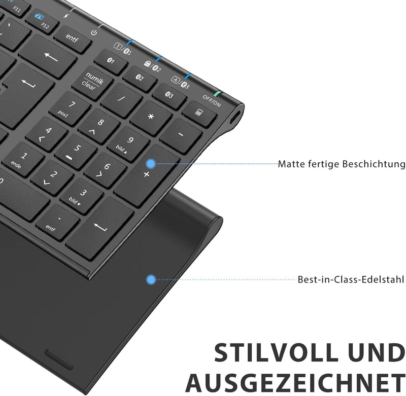 iClever BK10 Bluetooth Billentyűzet, Újratölthető Vezeték Nélküli Billentyűzet 3 Bluetooth Csatornával, Ultravékony Ergonomikus Kialakítás i - black