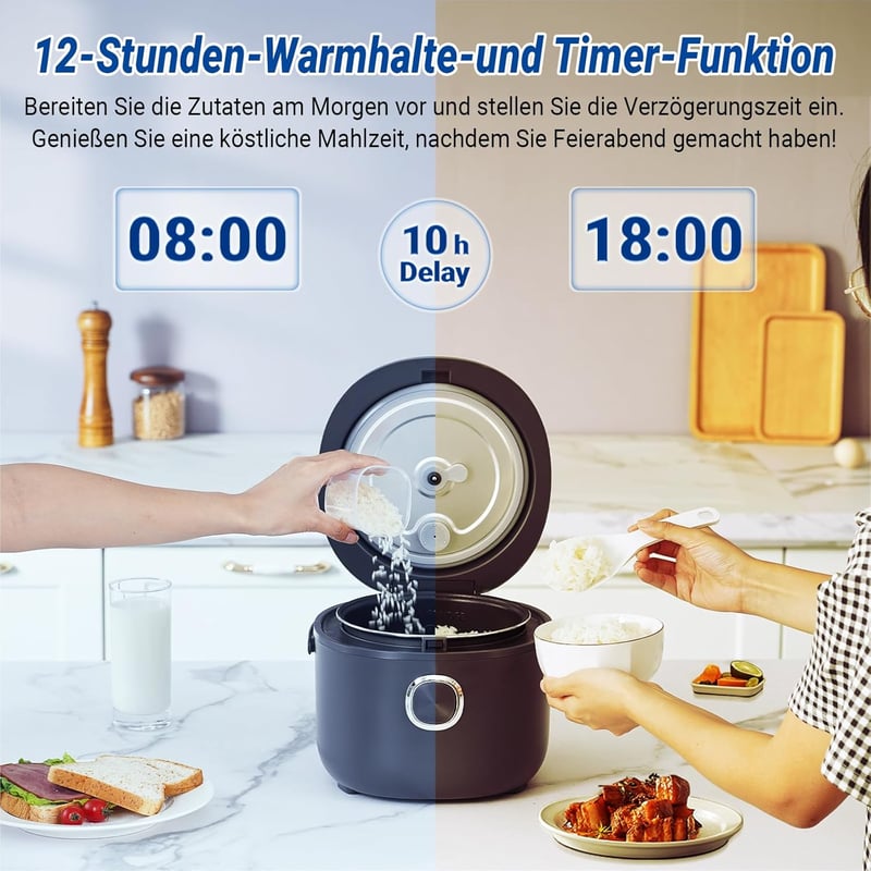 AMZCHEF 2L Multifunkciós Rizsfőző 7 Főzési Programmal - 400W Elektromos Konyhai Készülék Melegen Tartás Funkcióval, Időzítővel és Hordozó Fo