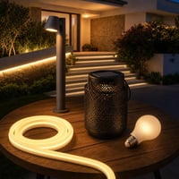 Terasa plná svetla: 1× stĺpiková lampa + 2m LED neón + solárna lampa + E27 žiarovka 1