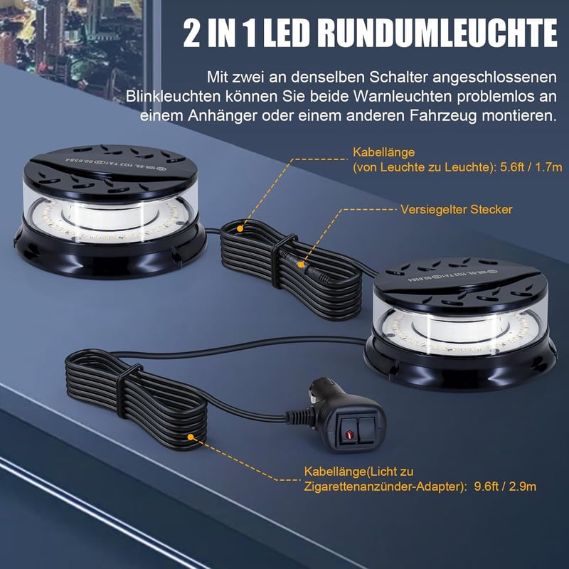 Dinfu LED Forgó Jelzőfény 12V - Mágneses Tetőlámpa 16 Üzemmóddal, 3 Színben, Vízálló, Autó, Traktor, Teherautó, SUV Járművekhez, 3m Kábellel