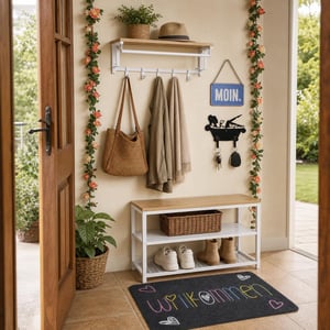 Štýlová predsieň: 1x rohožka 40x60cm + retro ceduľa + vešiak s 5 háčikmi + 2x držiak na kľúče + girlandy