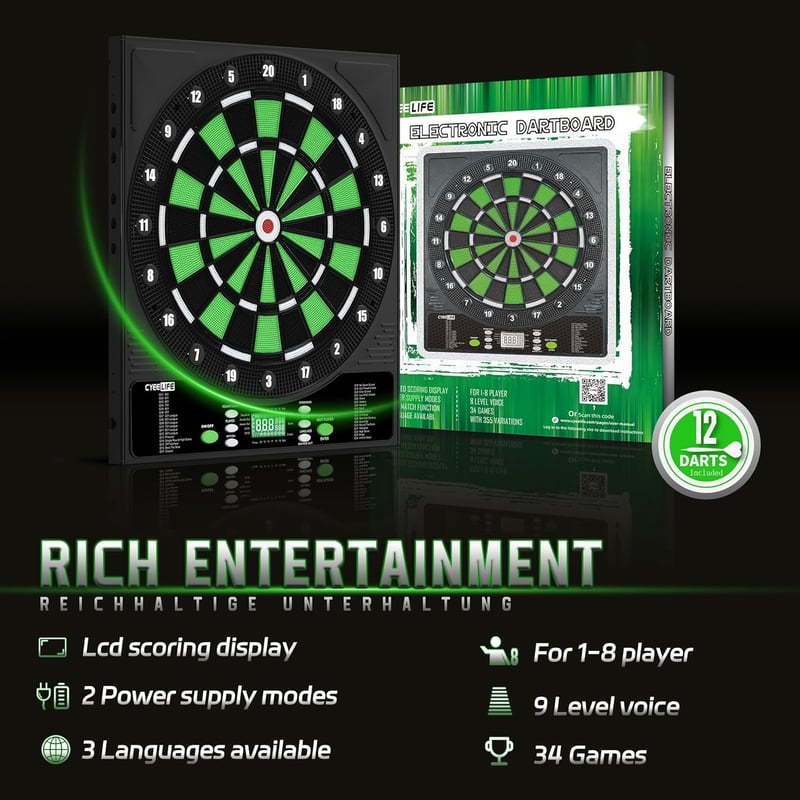 CyeeLife Elektronikus Darts Tábla LCD Kijelzővel - 34 Játék, 355 Variáció, Német Hangvezérléssel - 12 Puha Nyíl, 24 Toll, 50 Hegy, USB Töltő