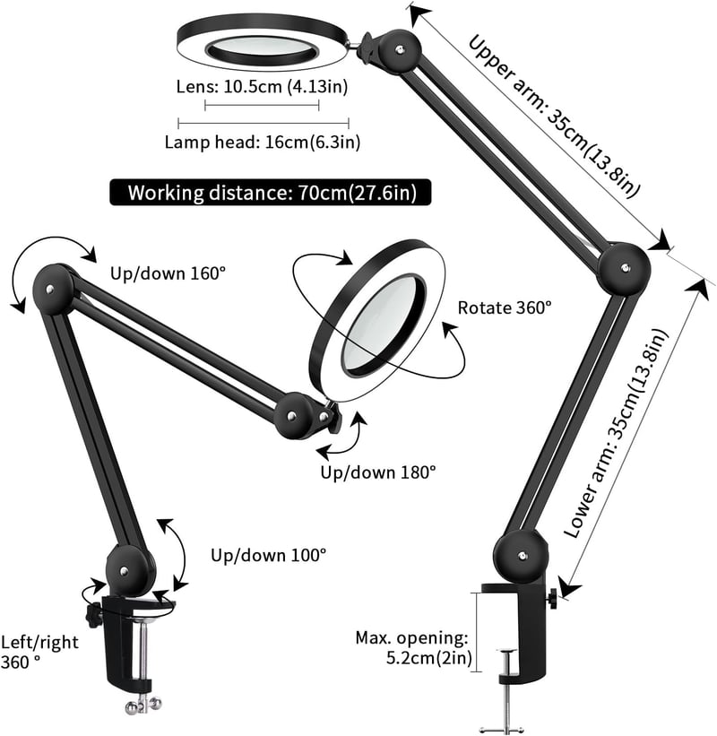 Beyamz LED Nagyítós Lámpa 5x Nagyítással, 125mm Átmérőjű Lencsével, 1100 Lumen, Szabályozható Fényerő, Munkahelyi és Kozmetikai Használatra,