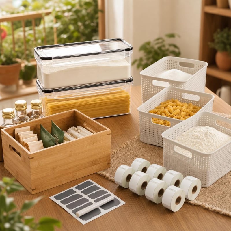 Set za organizaciju smočnice: 2x posuda 3,2l + 3x košara + drvena kutija + 10 rola naljepnica