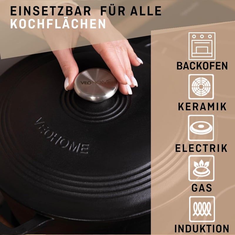 VeoHome 6L Öntöttvas Lábas Matt Fekete Zománcozott | Sütő-Főzőedény | Kenyérsütéshez | Holland Sütő | Hőálló Fazék 28cm