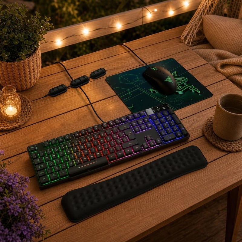 Gaming set na stôl: 1x RGB klávesnica + podložka + LED pásik + 3x organizér + opierka zápästia
