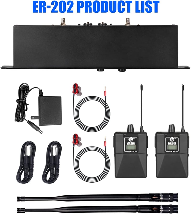 D Debra Audio PRO ER-202 UHF Dupla Csatornás Vezeték Nélküli Fülmonitor Rendszer Adóval és Vevővel Színpadi, Stúdió és Zenész Használatra