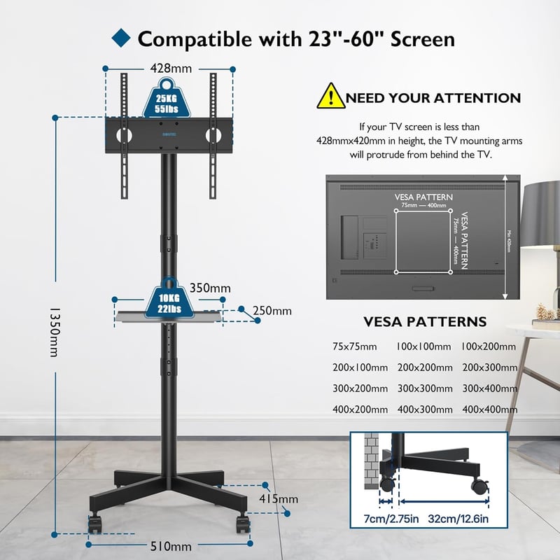BONTEC Gurulós TV Állvány 23-60" Képernyőkhöz, Laptoptartó Polccal, Állítható Magasságú, 25 kg Teherbírású, VESA 400x400 mm Kompatibilis