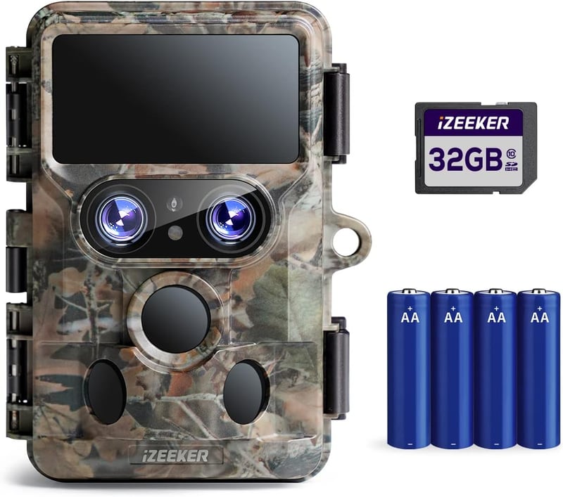 iZEEKER 4K 48MP WiFi vadkamera, dupla lencsével és éjjellátóval, 32GB SD-kártyával