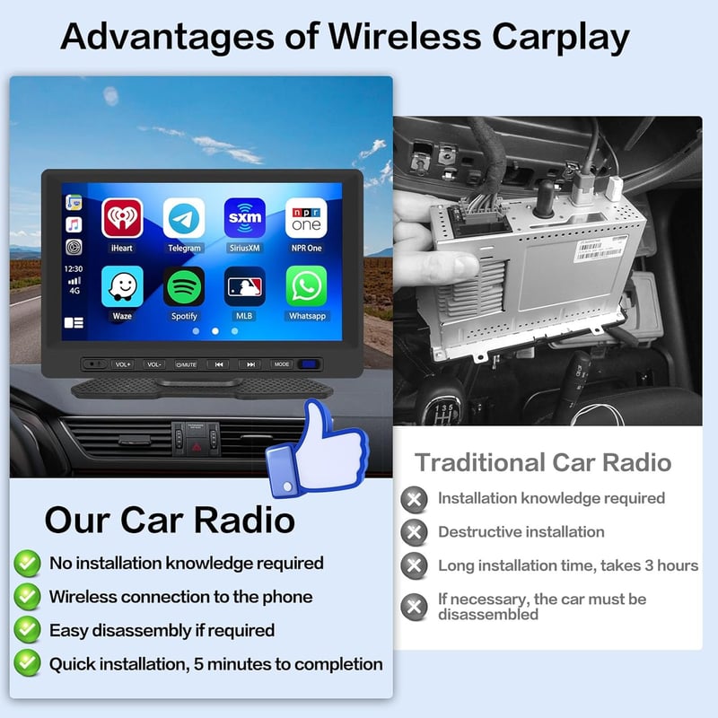 Hikity 7" IPS érintőképernyős vezeték nélküli CarPlay és Android Auto autórádió, FM-adóval és tolatókamerával