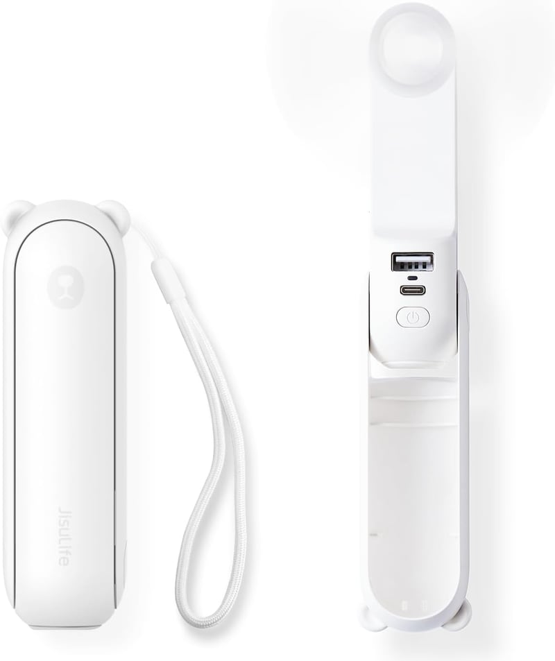 JISULIFE 3 az 1-ben Kézi Ventilátor Powerbank és Zseblámpa Funkcióval - Tölthető USB, 12-19 Órás Üzemidő, Hordozható, Fehér
