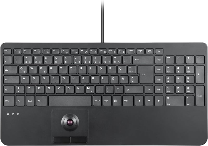 Perixx PERIBOARD-538 Kompakt Vezetékes USB Billentyűzet Beépített Trackball-lal, Ollós Mechanizmus, 2 USB Hub, Numerikus Billentyűzet, Német