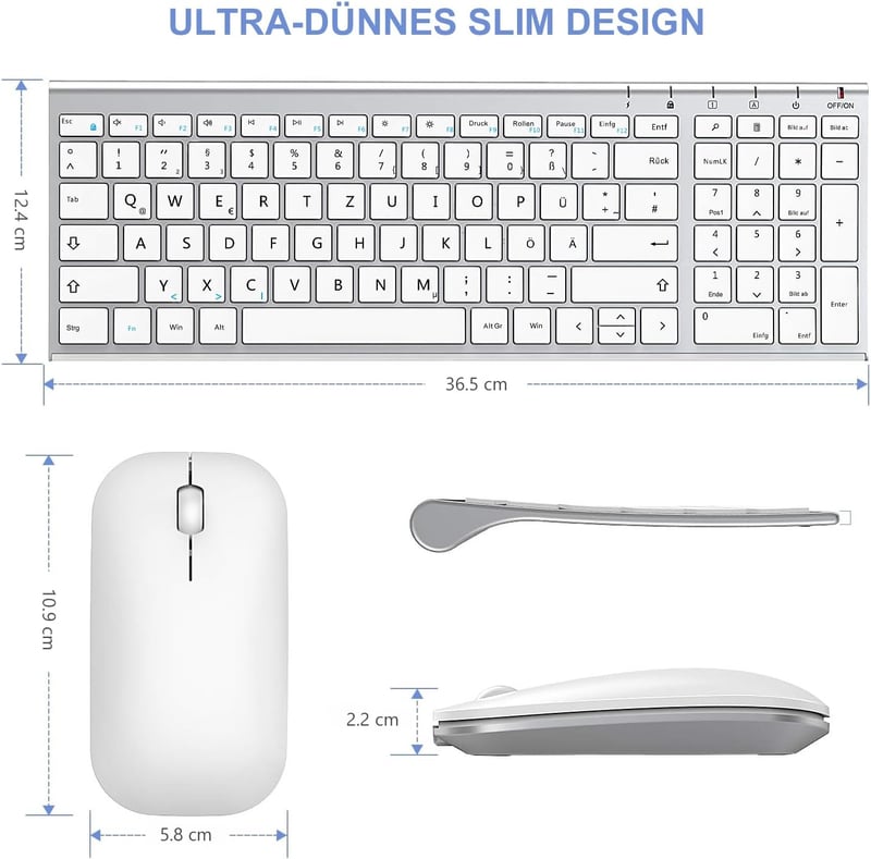 seenda Vezeték Nélküli Billentyűzet-Egér Szett - Újratölthető, Ultravékony Fém Billentyűzet QWERTZ Kiosztással PC/Laptop/Smart TV-hez, Fehér