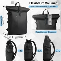 hk Rolltop Vízálló Hátizsák 27L - 15,6" Laptoptartóval, USB Porttal - Könnyű, Lopásbiztos Utazó/Iskolatáska Férfiaknak és Nőknek - Fekete 10