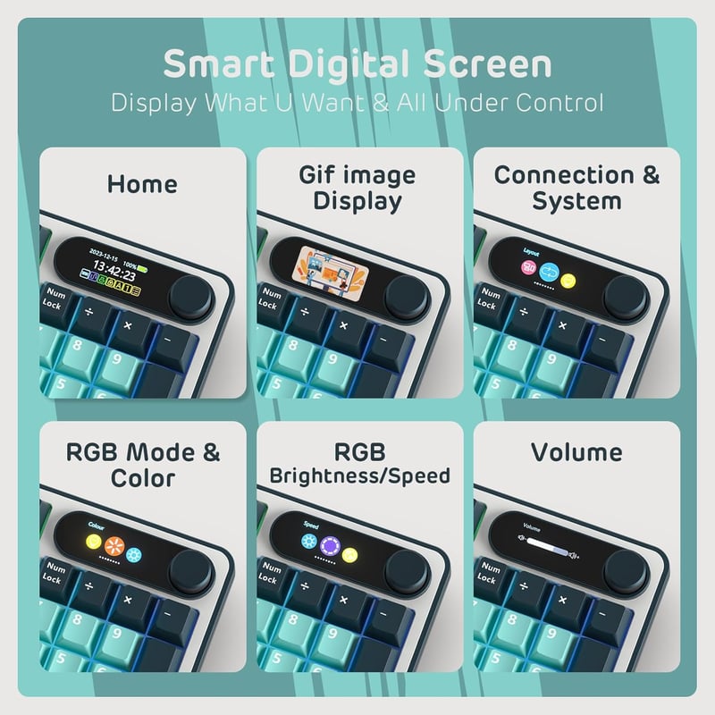 RK ROYAL KLUDGE S98 Mechanikus Billentyűzet Okos Kijelzővel, 96% Vezeték Nélküli, Bluetooth/2.4G/USB-C, Hot-Swap, Türkiz Zöld