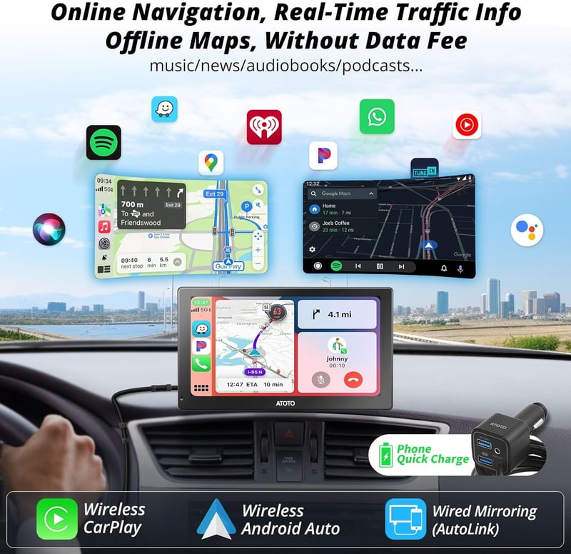 ATOTO P5 9" Hordozható Autós Rádió QLED Érintőképernyővel - Vezeték Nélküli CarPlay és Android Auto, Bluetooth, 1080P Tolatókamera, Tükrözés